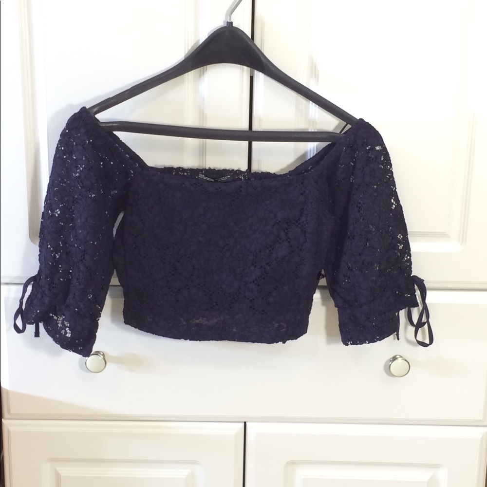 Zara navy off shoulder lace crop top